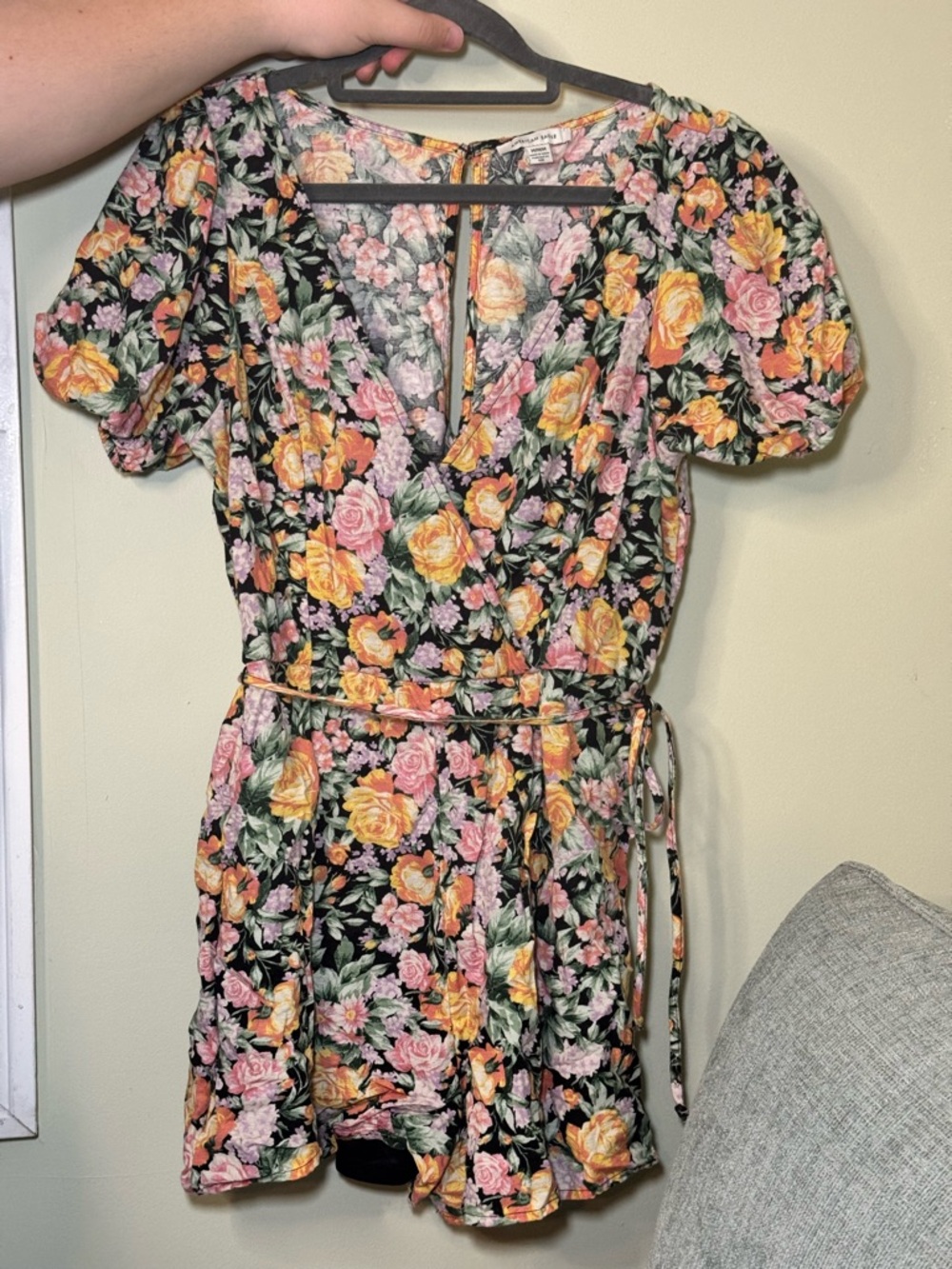 Floral Puff-Sleeve V-Neck Wrap Dress in Black with Pink & Yellow Roses